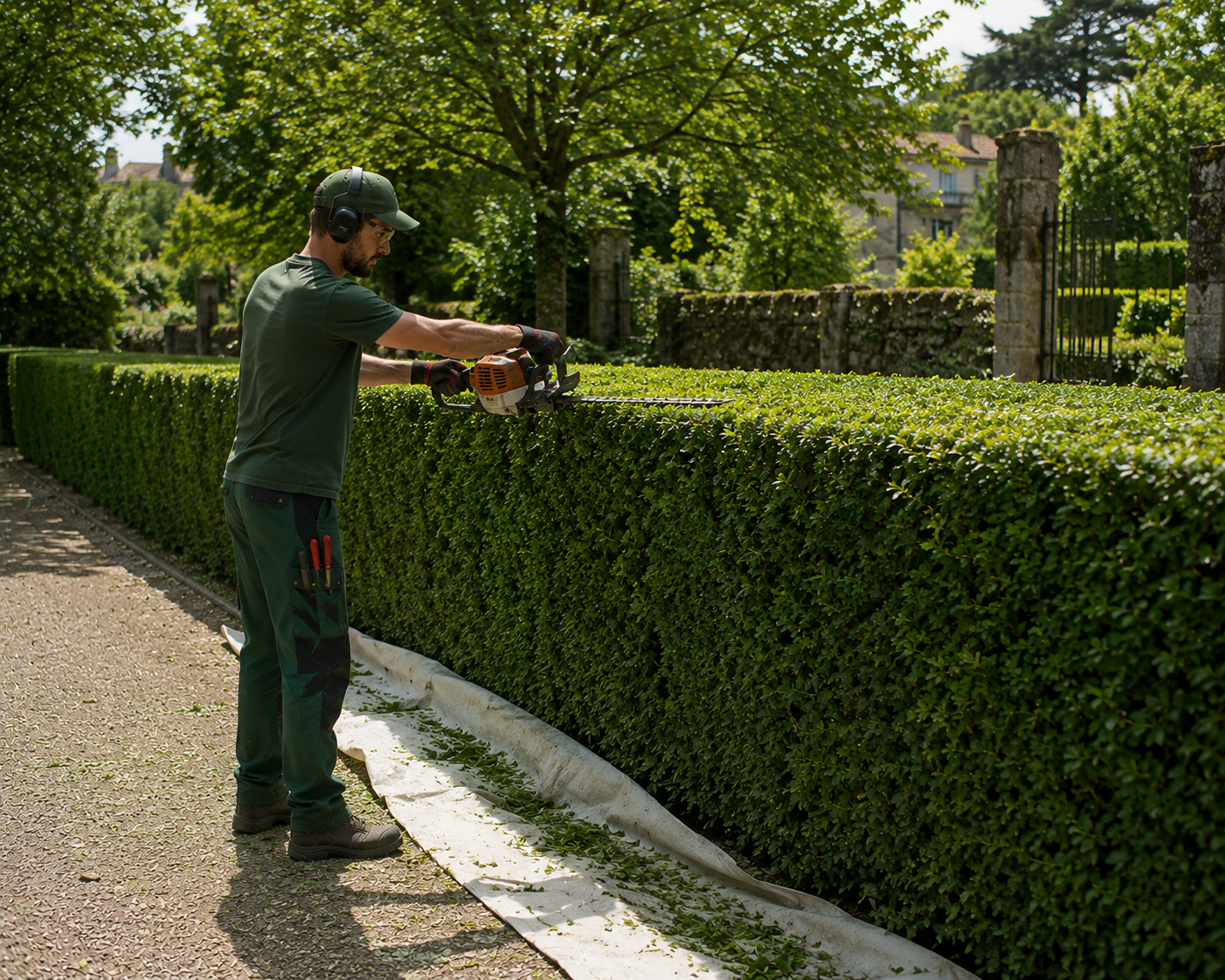 Taille de haie dans un jardin bien entretenu