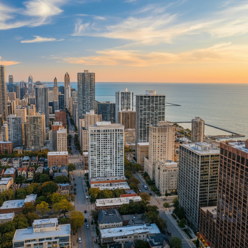 Aerial view of Chicago's Gold Coast neighborhood at golden hour, showcasing the striking contrast between historic mansions and luxury high-rises. Lake Michigan glistens to the east while the neighborhood's tree-lined streets and distinctive architecture highlight the area's prestige and desirability in Chicago's luxury real estate market.