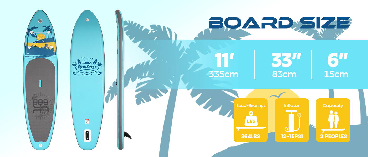 Inflatable paddle board size is 11 feet length, 33 inch width, load-bearings are 364LBS, inflator is 12-15PSI, support 2 peoples