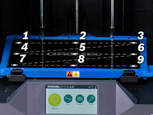 Dremel 3D45 build plate illustrating location of 9 leveling points