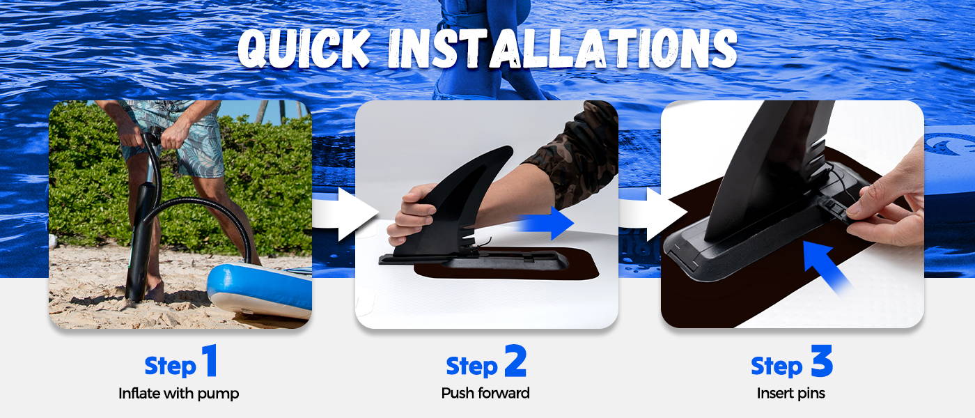 Beginner paddle board support quick installations: inflate your iSUP board with pump, push fins forward, insert fin pins
