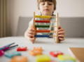 Kid learning math and counting with a wooden Montessori toy