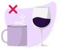 steaming coffee mug next to a glass of wine with a red x above them