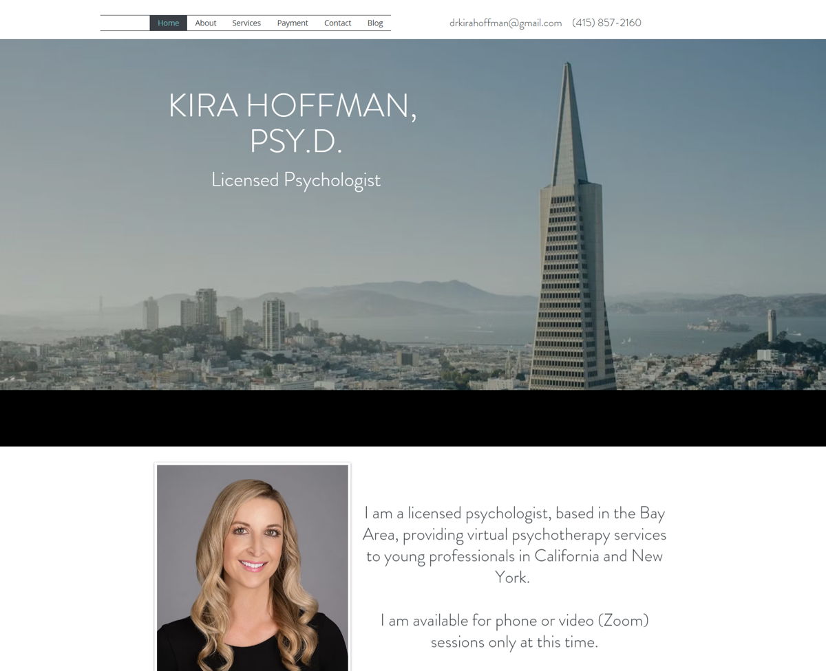 Screenshot of KIRA HOFFMAN, PSY.D. Licensed Psychologist, from the wix personal websites collection.
