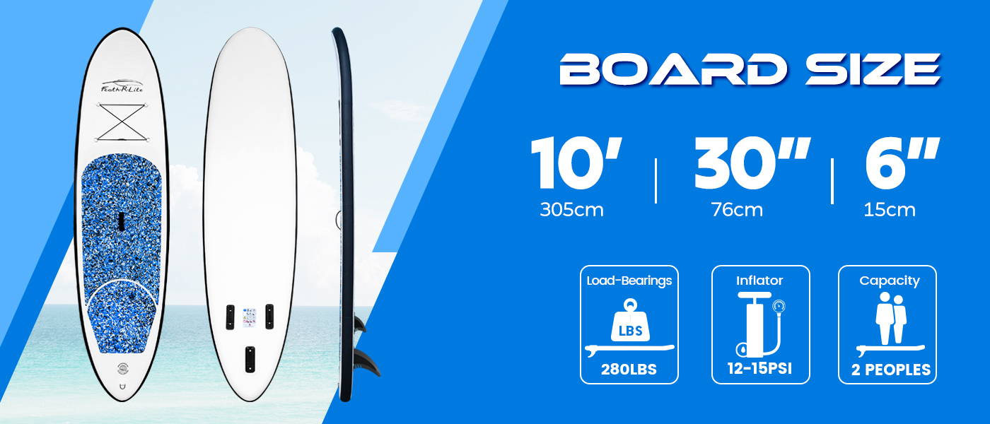 Camouflage inflatable SUP board size is 10' in length, 30" in width, loading-bearings is 280LBS, inflator is 12-15 PSI, Capacity is 2 peoples