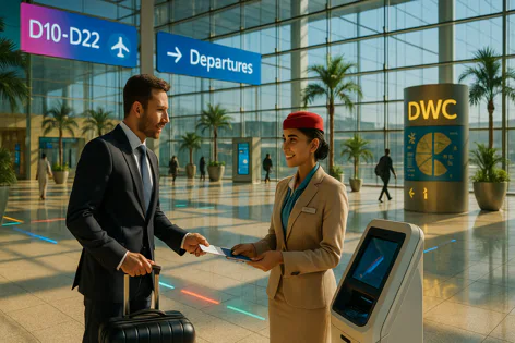 Businessman gives passport and ticket to a smiling airline staff member in a bright, modern airport terminal with departure signs.