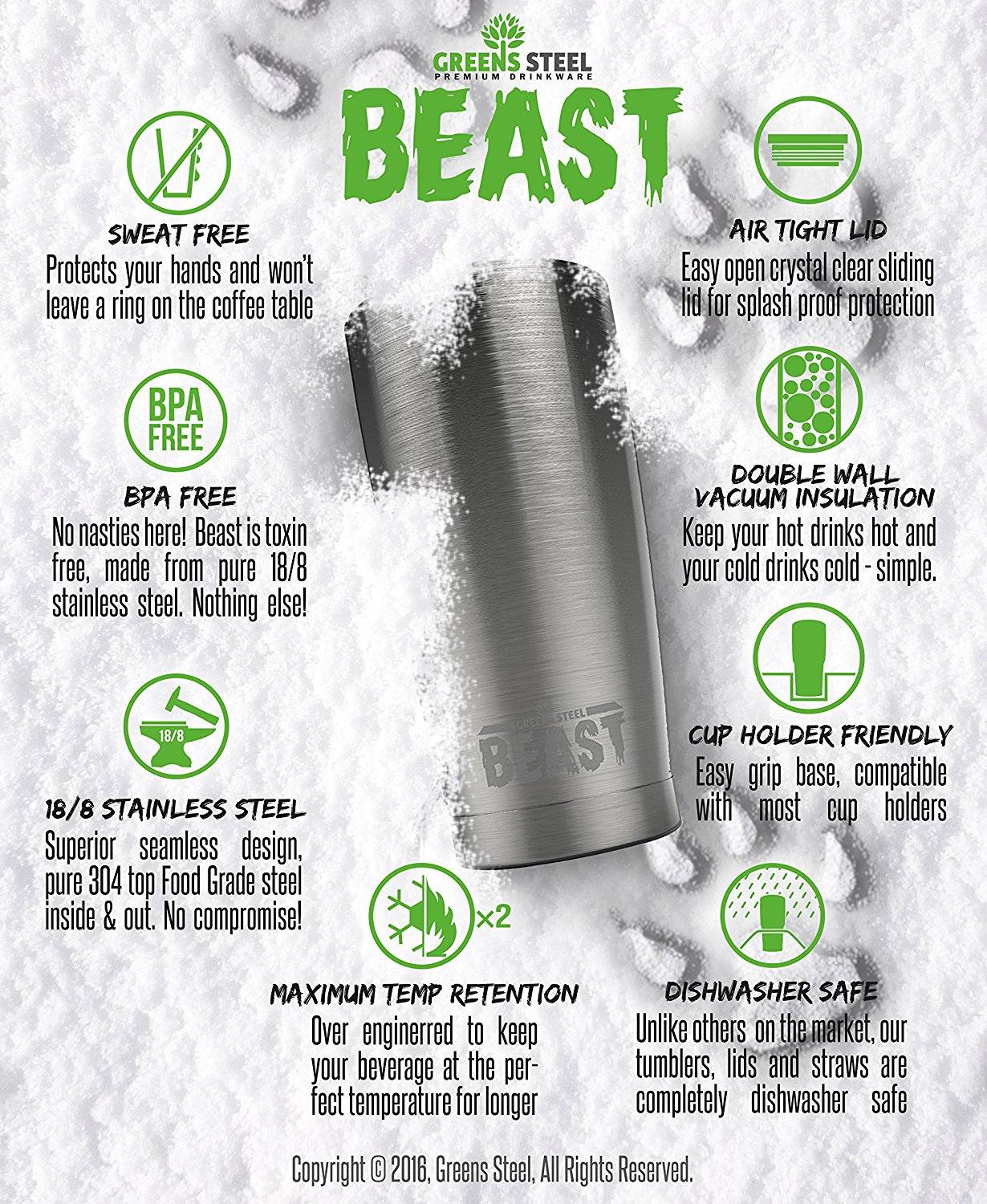 The Beast 20 oz. and 30 oz. Tumblers have a lifetime warranty and a