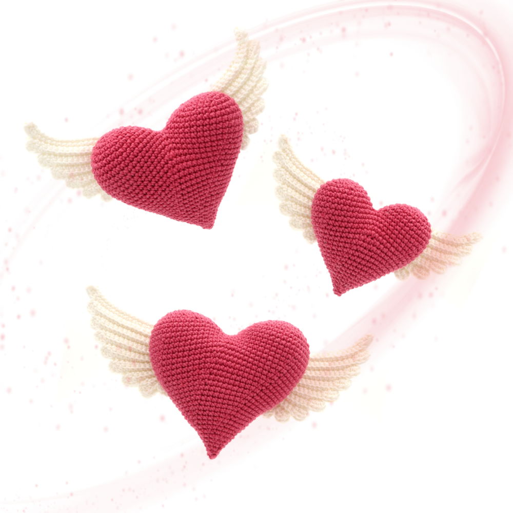 Corações com Asas, 3 tamanhos, Padrão Crochê, Amigurumi