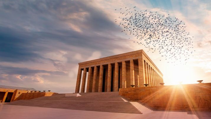 Anıtkabir in Ankara, Turkey, symbolizes Mustafa Kemal Atatürk's legacy. Notably, the Road of Lions, adorned with monumental lion statues, signifies power and strength, while the Ceremonial Plaza embodies Turkish unity
