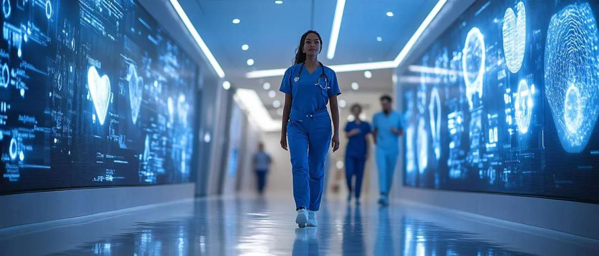 Dynamic healthcare team in a vibrant, golden hospital corridor inspires hope.