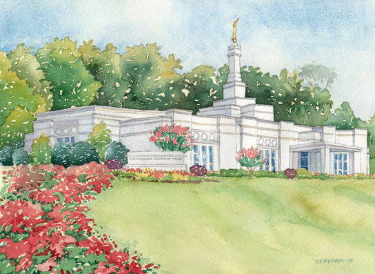 Painting of Birmingham Temple surrounded by trees and red flowerbeds.