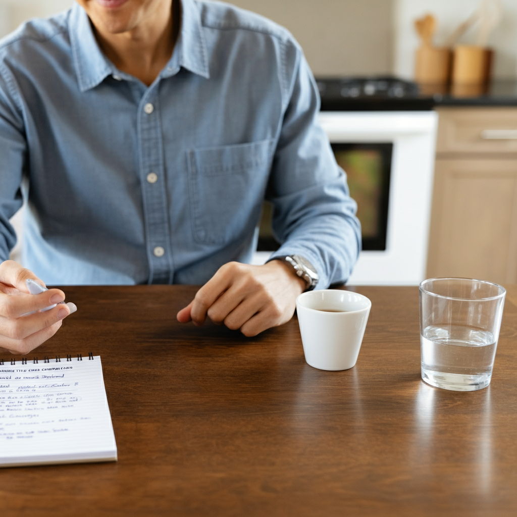 A home seller at a kitchen table comparing quotes from three different title companies in Metro Chicago, with highlighted price differences for the same services. A notepad shows a checklist of potential cost-saving strategies with several items already checked off.