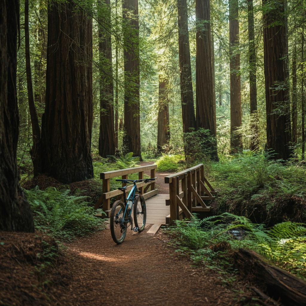 A photographic style image of A mountain bike trail winding through redwood forests, with dappled sunlight creating patterns on the forest floor. A wooden bridge crosses a small stream. high focus, sharp, lots of bright light, extra bright, highly detailed, high quality, dslr, film grain, fujifilm XT3, RAW photo, RAW candid cinema, color graded porta 400, depth of field, hyper realistic, natural-looking, expressive, textured skin, texture, 8k, photorealistic