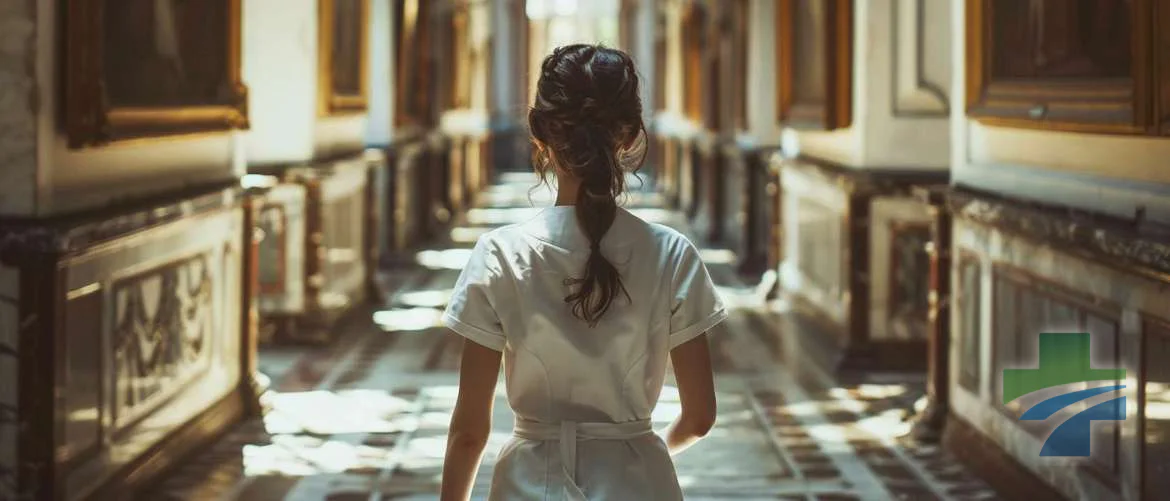 Modern nurse traverses the historical hallway of an ancient hospital