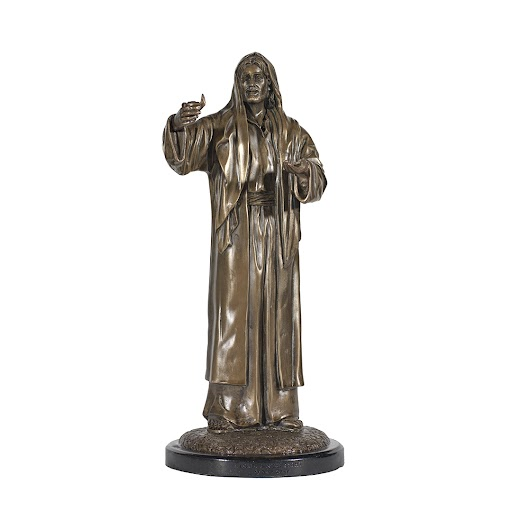 Bronze statuette of Jesus holding a lamp, after Simon Dewey's Lead Kindly Light painting.