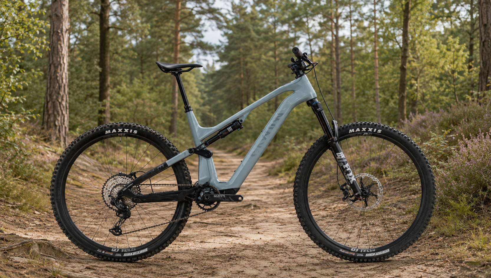 Lichtgrijze full-suspension e-mountainbike van Haibike op een zandig bospad in een groene, bosachtige omgeving met dennenbomen en heide, geïnspireerd op de Utrechtse Heuvelrug.