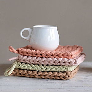 Creative Co-Op Square Cotton Crocheted Potholder, 4 Colors Entertaining Textiles, Multi