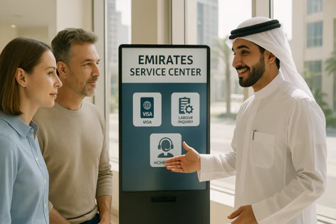 A man in traditional UAE attire assists a couple at an Emirates Service Center digital kiosk, explaining options for visa, labour inquiry, and MOHRE services.