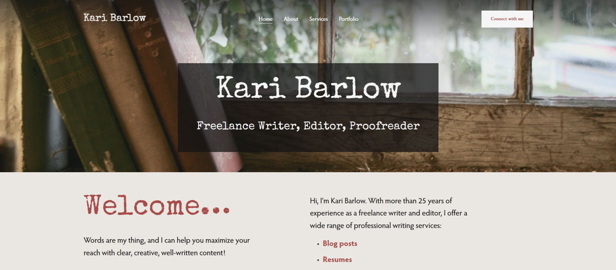Screenshot of Kari Barlow, from the content editor & proofreader portfolios collection.