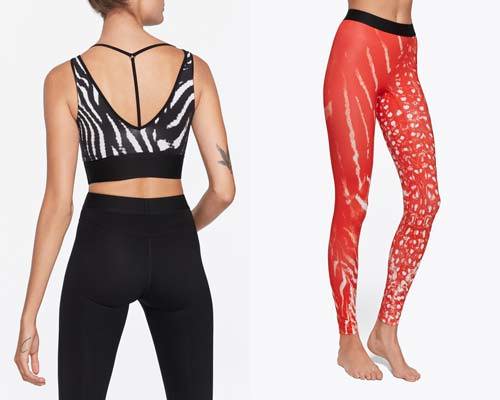 Woman wearing Tencel zebra print strappy sports bra and black activewear leggings and woman wearing bright red and white patterned sustainable leggings with black waistband from sustainable luxury activewear brand Vyayama