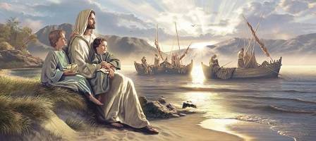 Jesus sitting with two young boys on the seashore. Firsherman work in the backdrop.