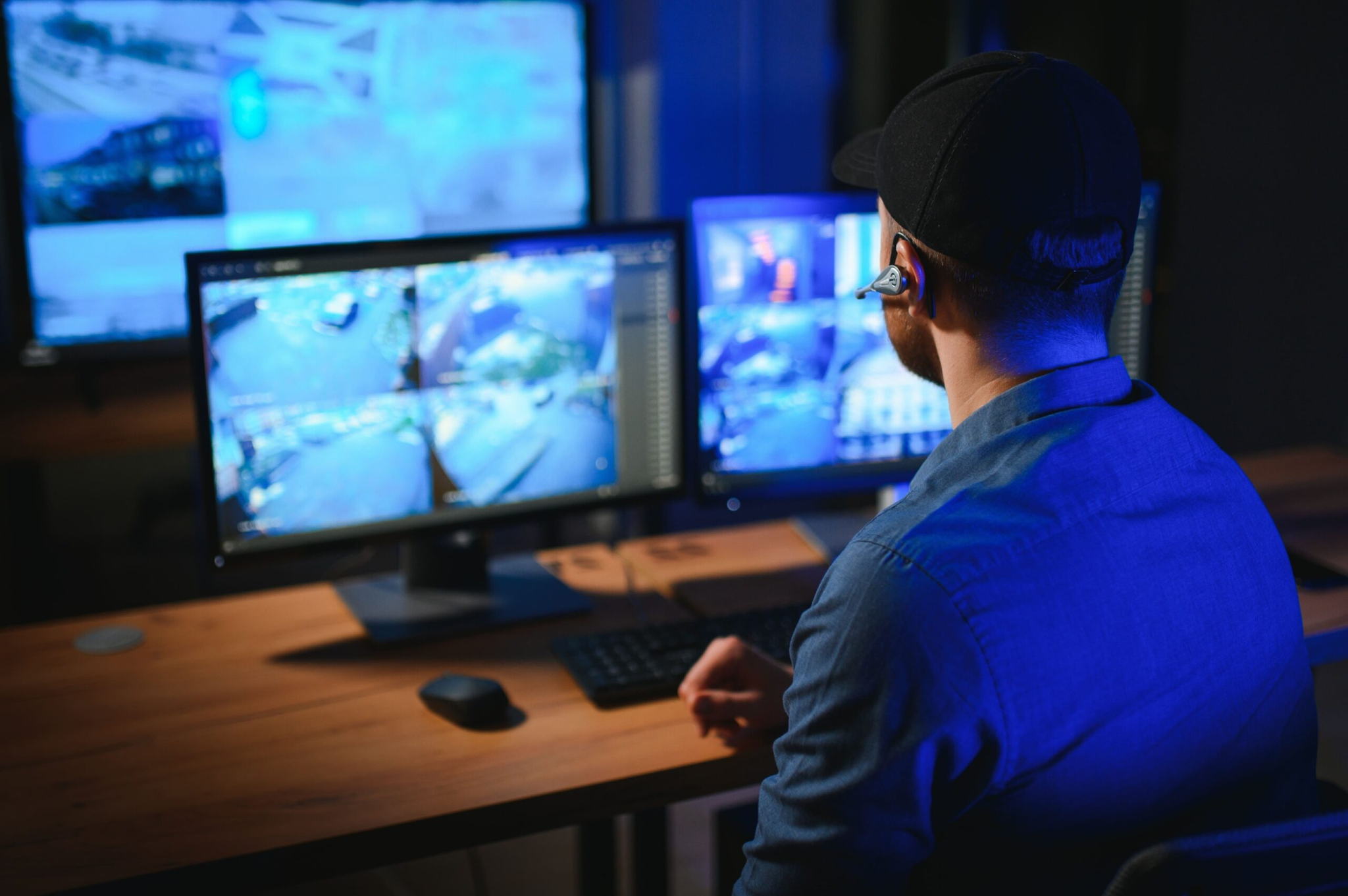 A security guard wearing a headset and cap monitors multiple surveillance camera feeds on several computer screens in a dimly lit control room.