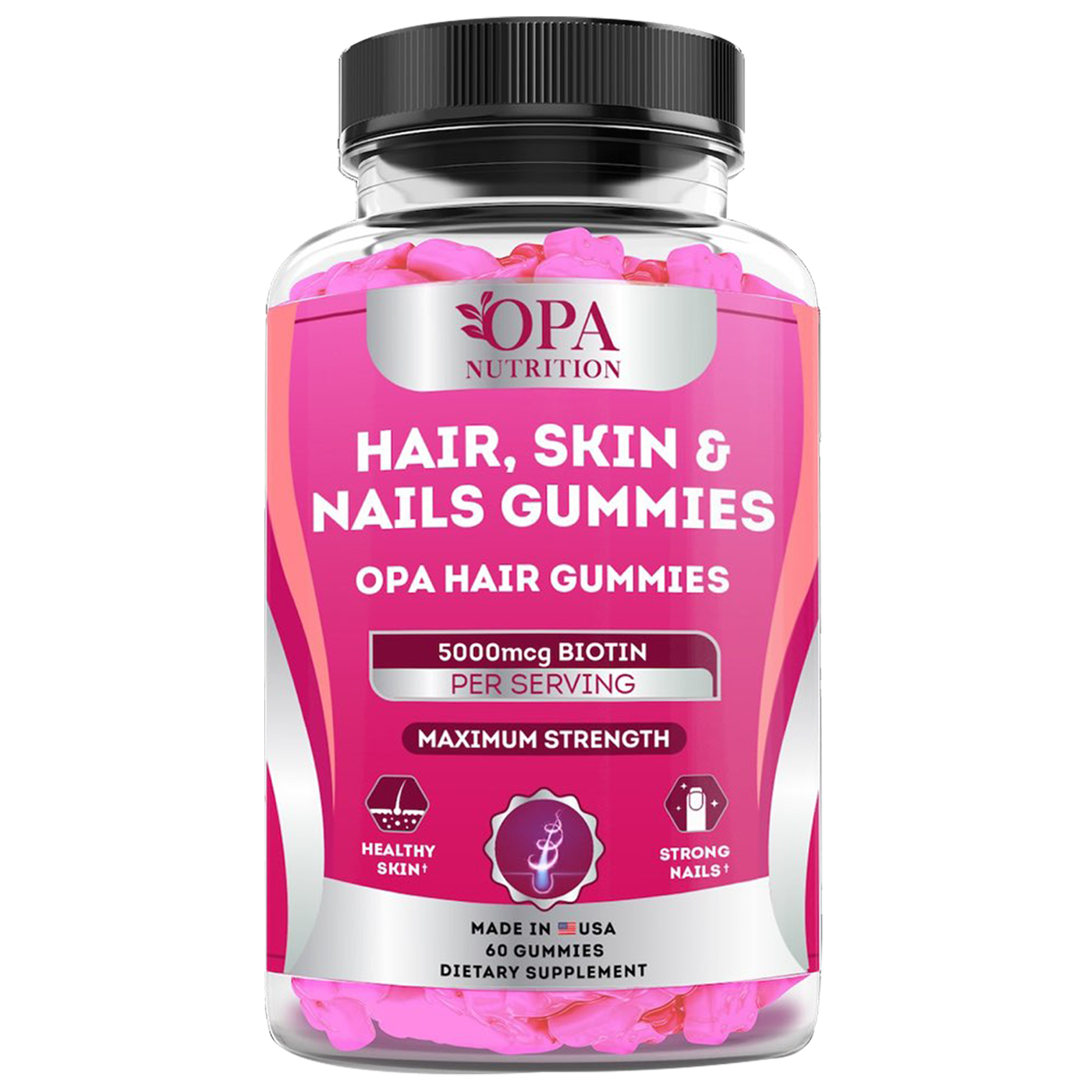 Biotin Gummies for Hair, Skin, and Nails, 5000mcg, Stronger Faster Growth - 60 Ct. Front ingredients