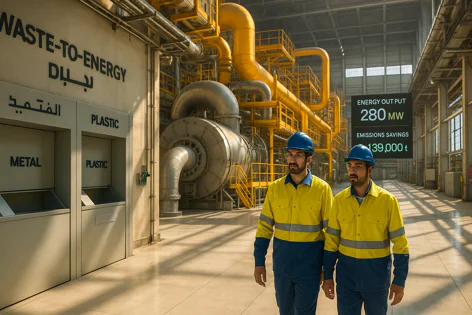 Two workers in hard hats stand inside a waste-to-energy plant showing recycling bins, large machinery, and a display with energy and emissions data.