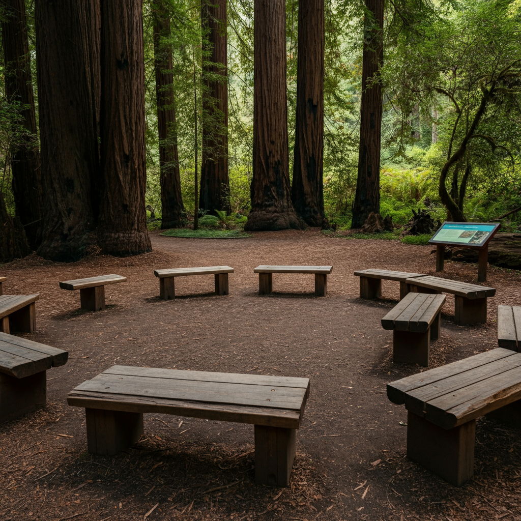 A photographic style image of An outdoor learning area featuring wooden benches arranged in a semicircle beneath towering redwoods. A nature trail winds through native plants, with educational plaques identifying local flora and geology. high focus, sharp, lots of bright light, extra bright, highly detailed, high quality, dslr, film grain, fujifilm XT3, RAW photo, RAW candid cinema, color graded porta 400, depth of field, hyper realistic, natural-looking, expressive, textured skin, texture, 8k, photorealistic