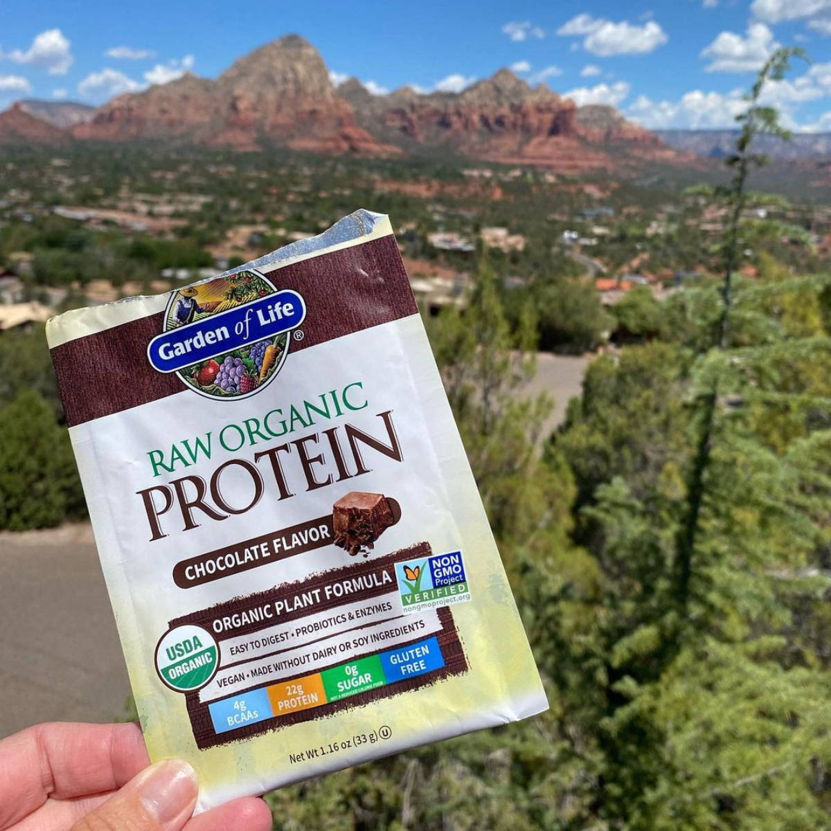 customer shows his pack of garden of life protein