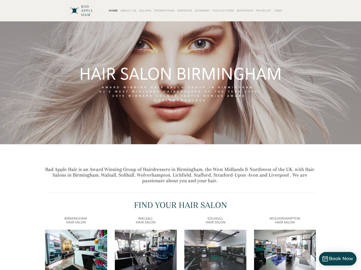 Screenshot of Bad Apple Hair, from the salon websites collection.