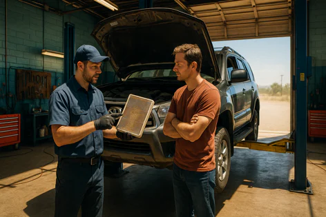 A mechanic in a blue uniform shows a dirty air filter to a customer standing next to a dark SUV with the hood open in an auto repair shop.