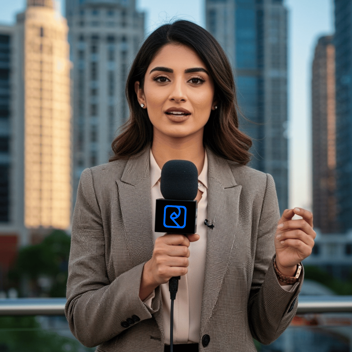 Journalist reporting with PressRelease microphone