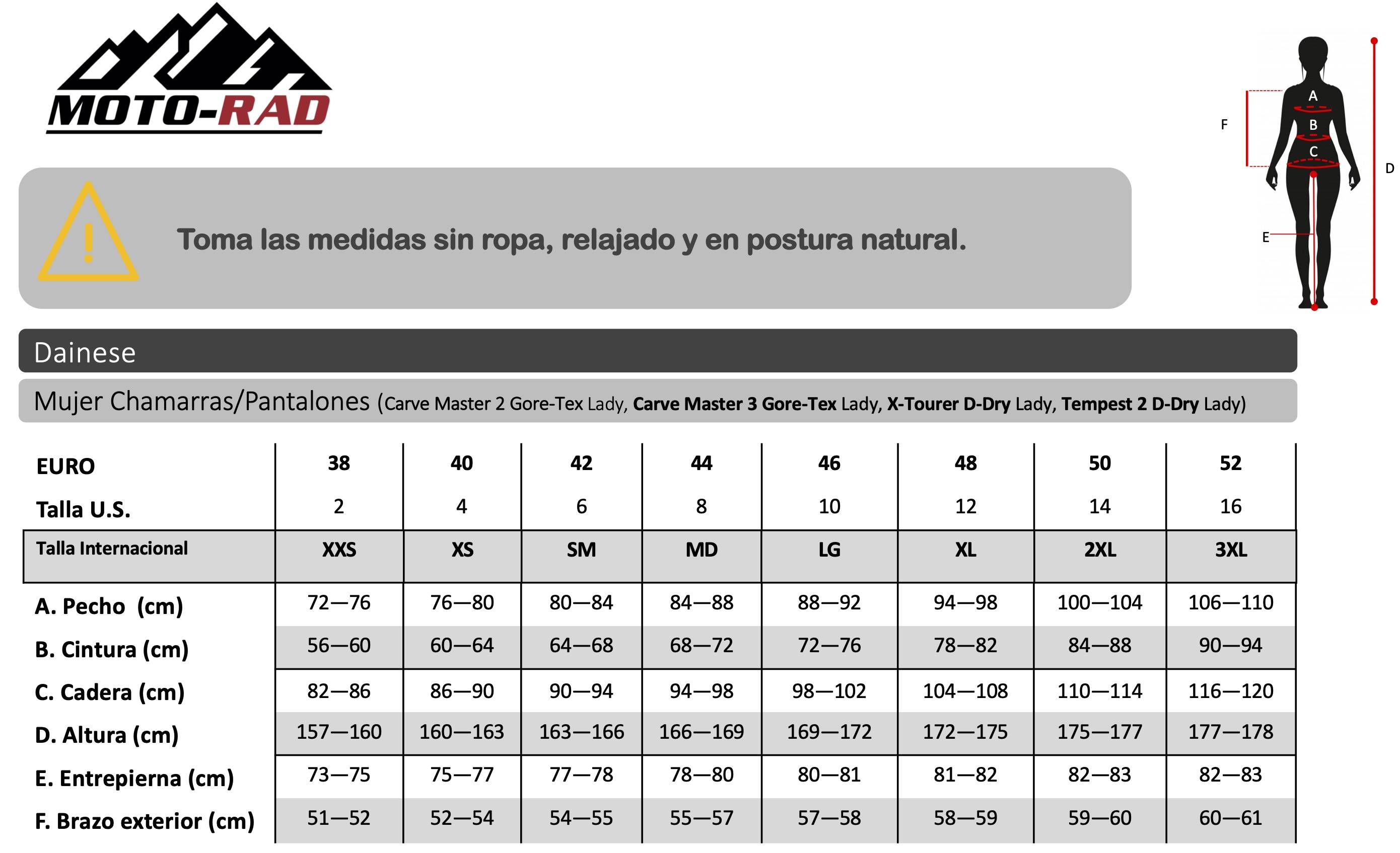Guia de Tallas Chamarras Dainese de Mujer