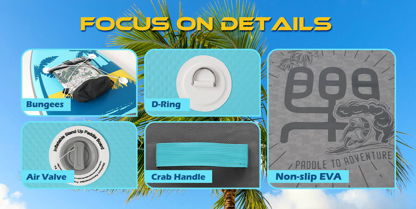 Palm paddle board focus on details: bungees, d-ring, air valve, crab handle, non-slip EVA