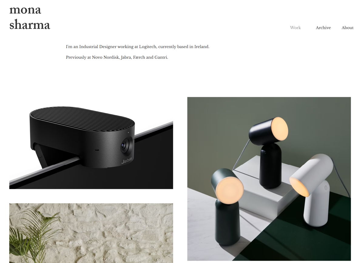 Screenshot of Mona Sharma, from the industrial design portfolios collection.