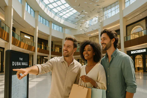 Three happy people, including a man pointing at a digital directory, shopping together inside the modern, expansive Dubai Mall.