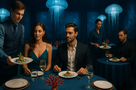 Couple dining in a dark blue restaurant with glowing jellyfish lamps. A waiter serves their table, while another serves a distant one in this unique underwater-themed setting.