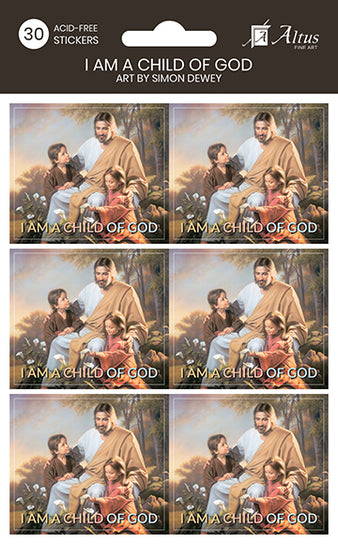 Set of Latter-day saint primary class stickers featuring a painting of Jesus with children looking at lilies. The text on each sticker reads: "I Am a Child of God".