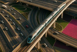 Elevated modern train on track above complex highway interchange with multiple lanes of traffic, green grass, and pink flowers.