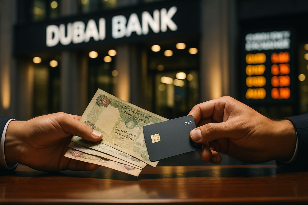 Two hands exchanging UAE Dirham banknotes and a black debit card in front of a Dubai Bank branch, depicting a financial transaction.