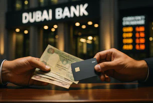 Two hands exchanging UAE Dirham banknotes and a black debit card in front of a Dubai Bank branch, depicting a financial transaction.