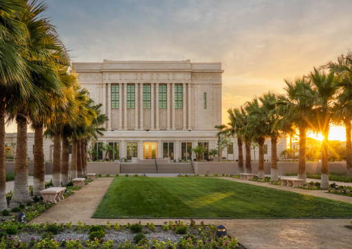 Mesa Temple picture. The sunset shines through the palm trees.