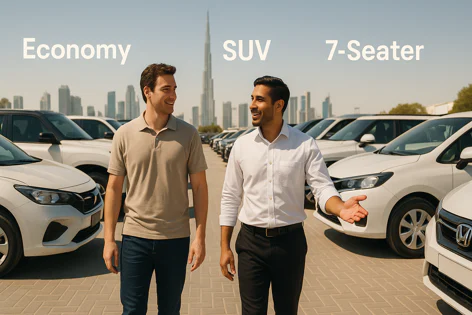 Two men are smiling at each other in a car rental lot. Text labels "Economy", "SUV", "7-Seater" are above different vehicle types. Dubai skyline in background.