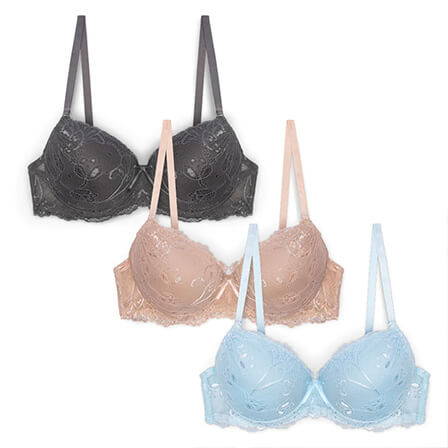 Floral Lace Double Push Up Bra - 3 Pack