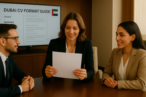 Three business people, one man and two women, are seated at a table in a meeting. A woman holds a document, and a screen displays 'Dubai CV Format Guide' with the UAE flag.