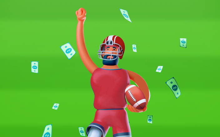 A football player celebrating while money rains down around him for Confetti's Virtual NFL Jeopardy