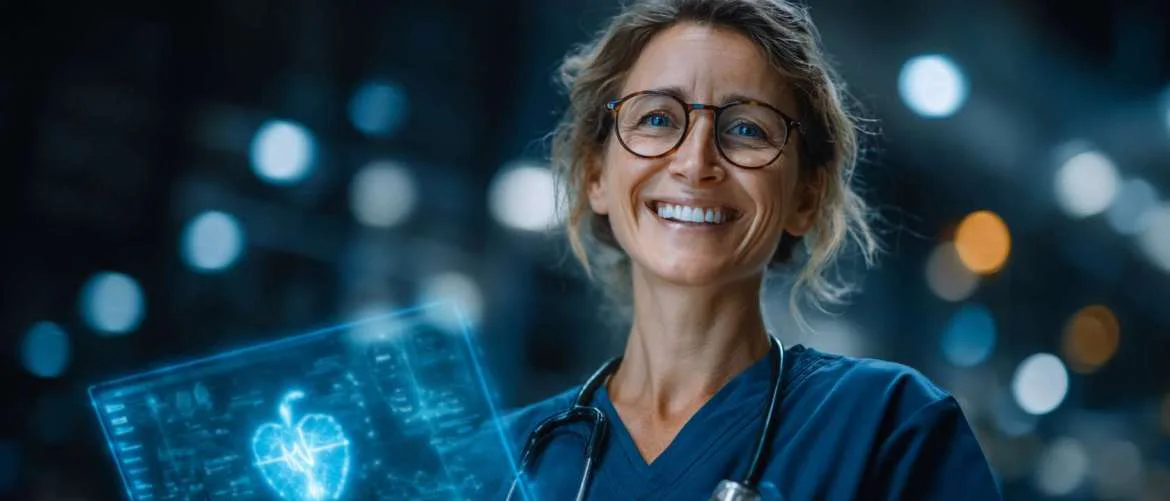 Healthcare professionals collaborating in a futuristic hospital illuminated with blue and green tones.