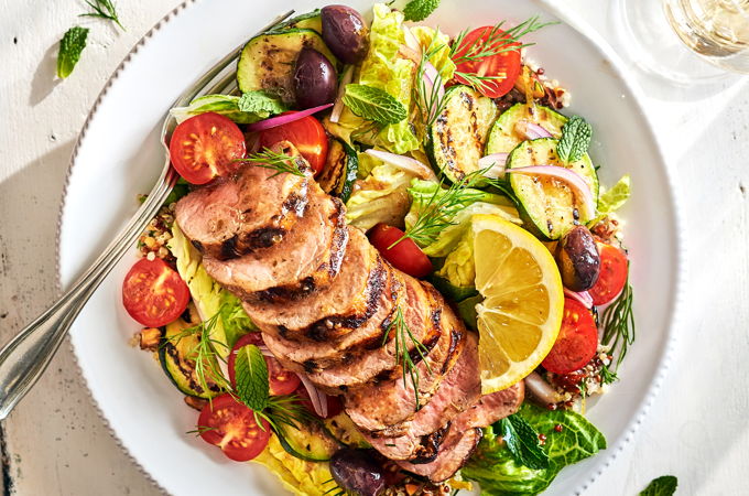 Quinoa Bowls with Grilled Zucchini and Pork Tenderloin