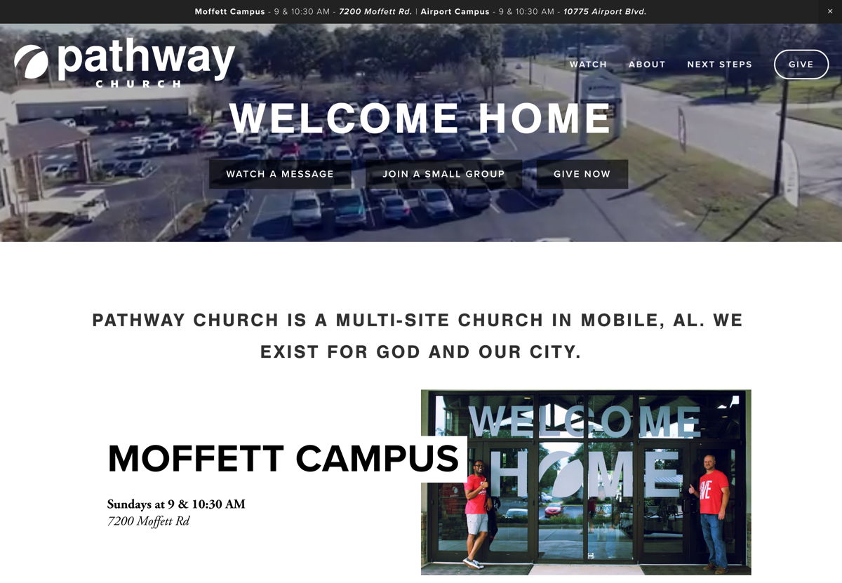 Screenshot of Pathway Church, from the squarespace church websites collection.